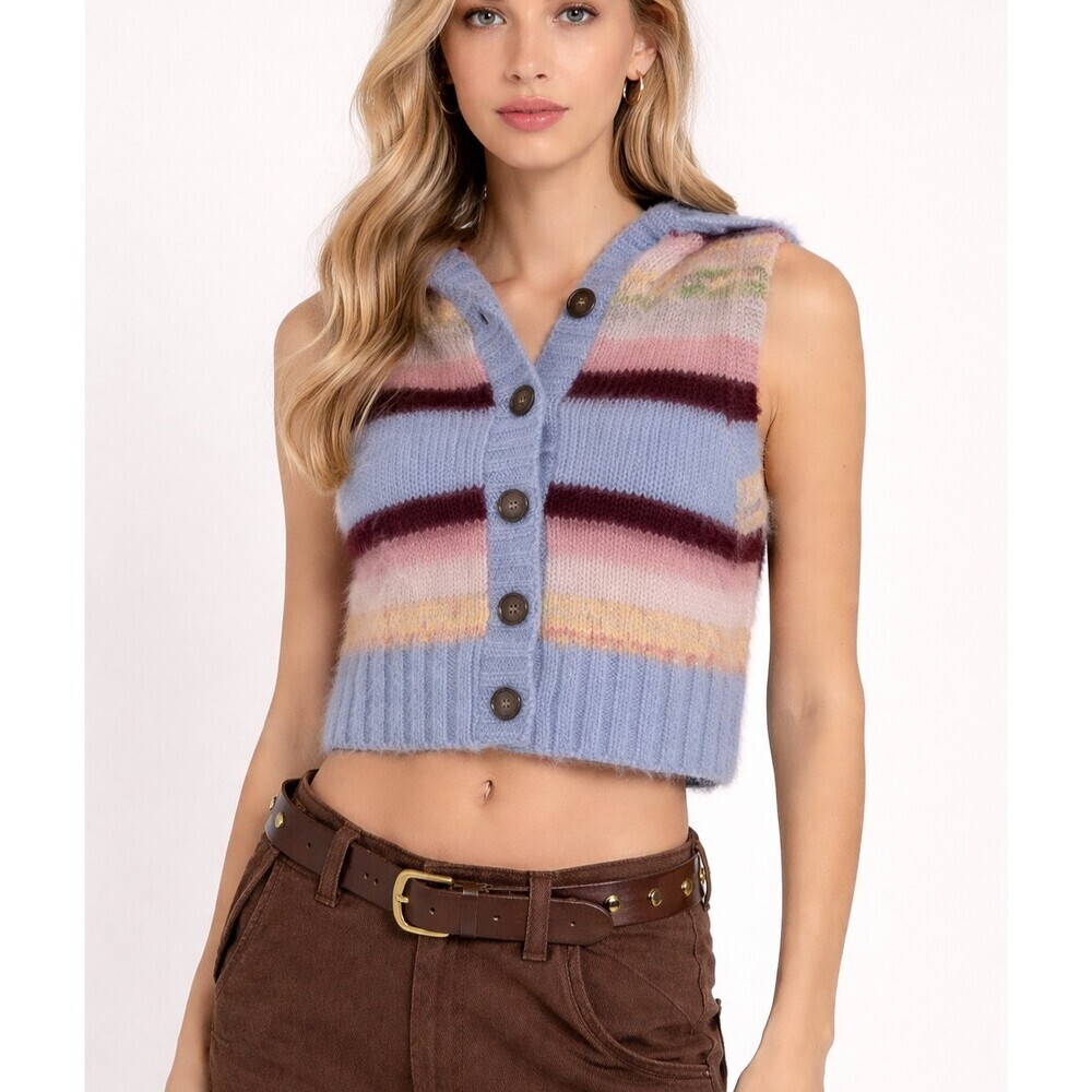Free People Rosetta Knit Vest Alpaca Wool Blend Pastel Stripe Hooded - Small